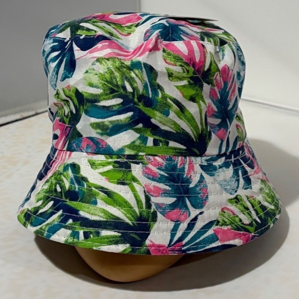 Juncture Womens Tropical Palm Leaf Print Bucket Hat Green Pink Summer Sun Hat